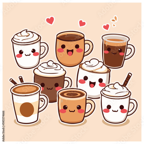 A group of ute lovely adorable coffee cups cartoon illustration 