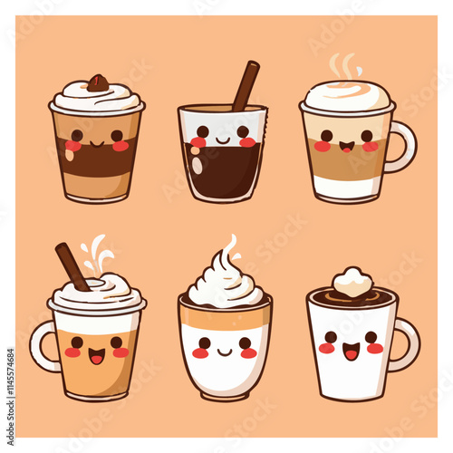 A group of ute lovely adorable coffee cups cartoon illustration 