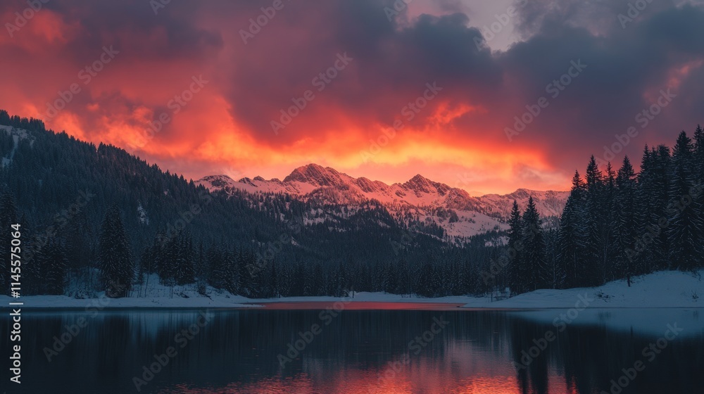 Fototapeta premium Stunning Snow-Covered Mountain Range Under Fiery Sunset Skies