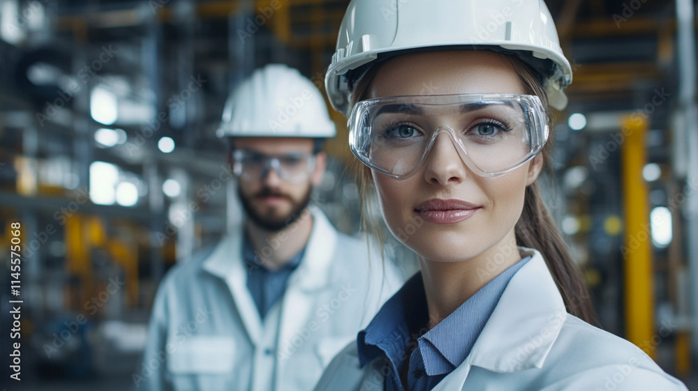 Young female engineer with safety glasses and hard hat smiling, with male colleague in background, working in industrial factory environment Young female engineer with safety glasses and hard hat smiling, with male colleague in background, working in industrial factory environment