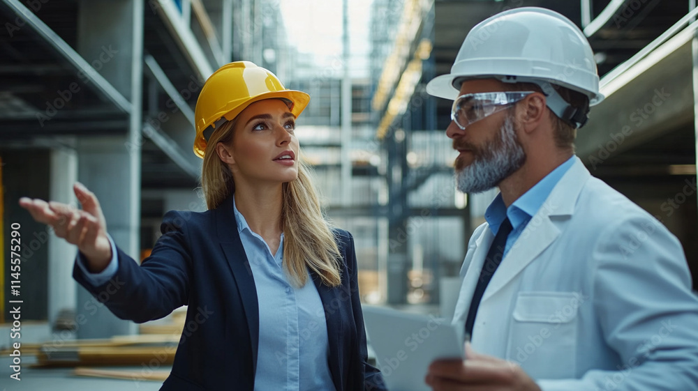 Professional conversation between a female architect and a male engineer at a construction site discussing project details and safety protocols during daylight. Professional conversation between a female architect and a male engineer at a construction site discussing project details and safety protocols during daylight.