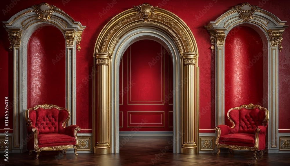 Elegant Red Room With Gold Accents And Royal Chairs Elegant Red Room With Gold Accents And Royal Chairs