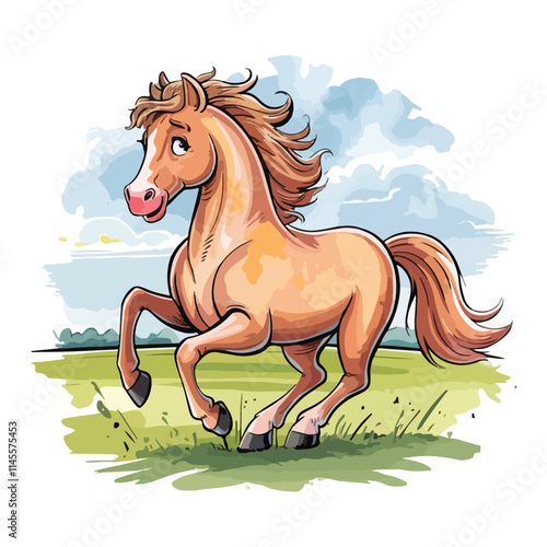 Watercolor vector of a cartoon white stallion animation, isolated on a white background, white stallion animation