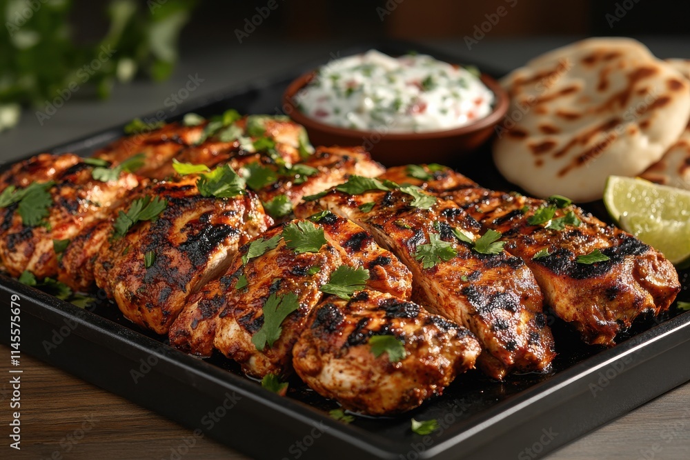 Grilled Chicken, Golden-Brown with Char Marks, Served on Black Tray, in Casual Dining Setting for Food Inspiration Grilled Chicken, Golden-Brown with Char Marks, Served on Black Tray, in Casual Dining Setting for Food Inspiration