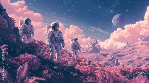 Exploration adventure alien planet sci-fi scene surreal environment wide-angle view cosmic discovery photo