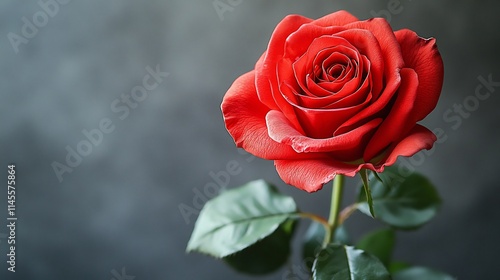 Single red rose with petals fully bloomed against a soft white background minimalist floral focus