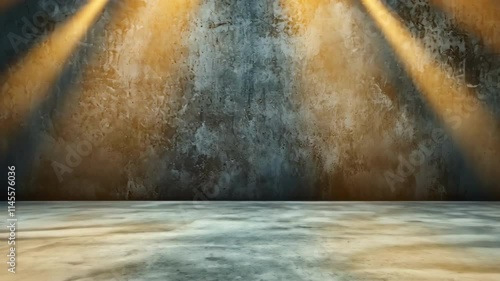 A website slide backdrop showcasing an empty dark gray industrial concrete scene with a solid floor and back wall, illuminated by soft light rays streaming in from above.
