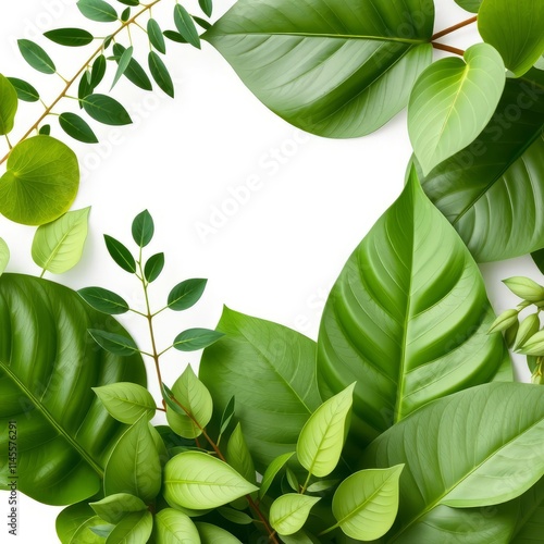 Tropical green leaves, botanical frame, white background, vibrant foliage, monstera leaf, ficus leaf, nature border, fresh greenery, organic composition, high contrast, macro photography, lush plant l photo