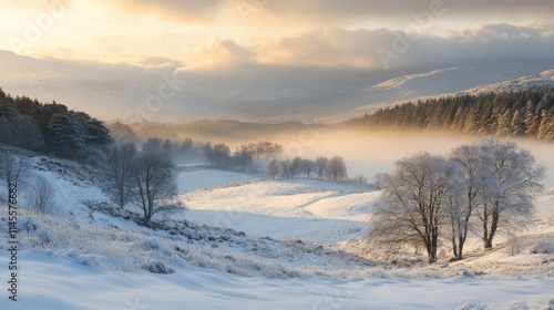 Serene Winter Landscape with Snow-Covered Mountains and Valley