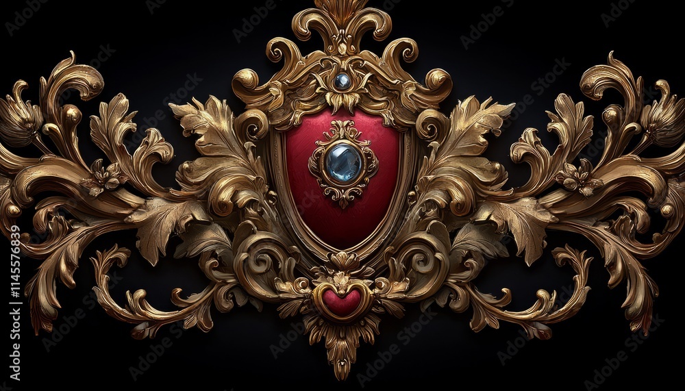 Fototapeta premium Ornate Gold Baroque Crest with Gemstones and Shield