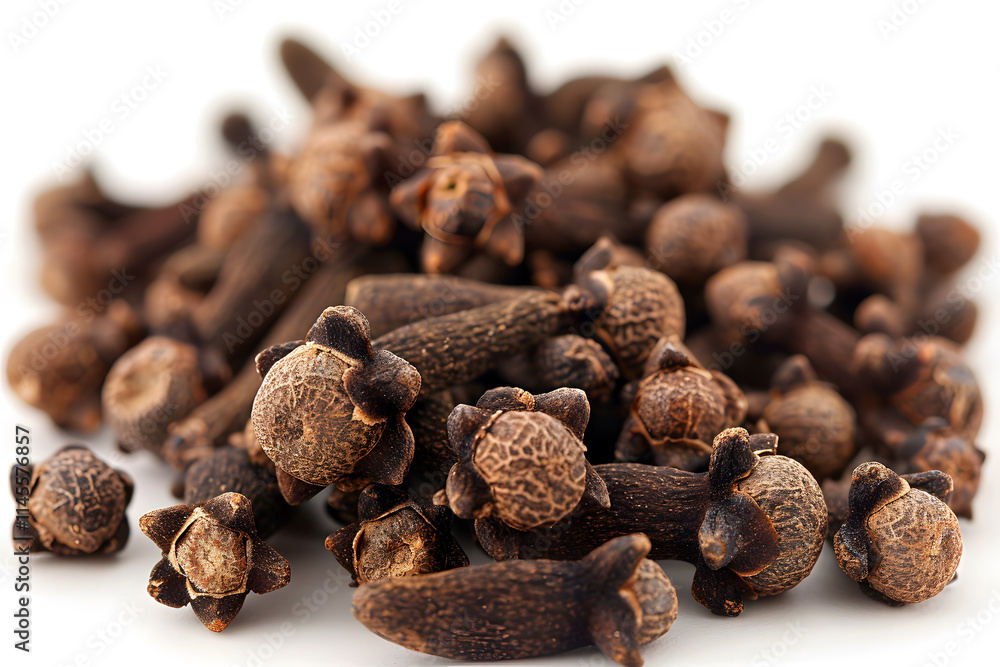 Fototapeta premium Whole Dried Cloves on White Floor – Aromatic Spice for Culinary and Medicinal Use for Food Blogs, Recipes, Spice Packaging, E-commerce, Cookbooks, Ads, Social Media, Health Websites