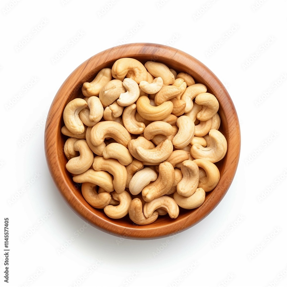 Bowl of Cashews, Isolated on white background, flat lay Bowl of Cashews, Isolated on white background, flat lay