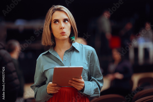 Fotografie PR Specialist Holding a pc Tablet at Public Event Convention