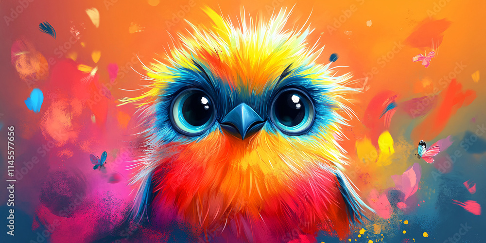 Fototapeta premium A digital painting of a cute, rainbow-colored bird.