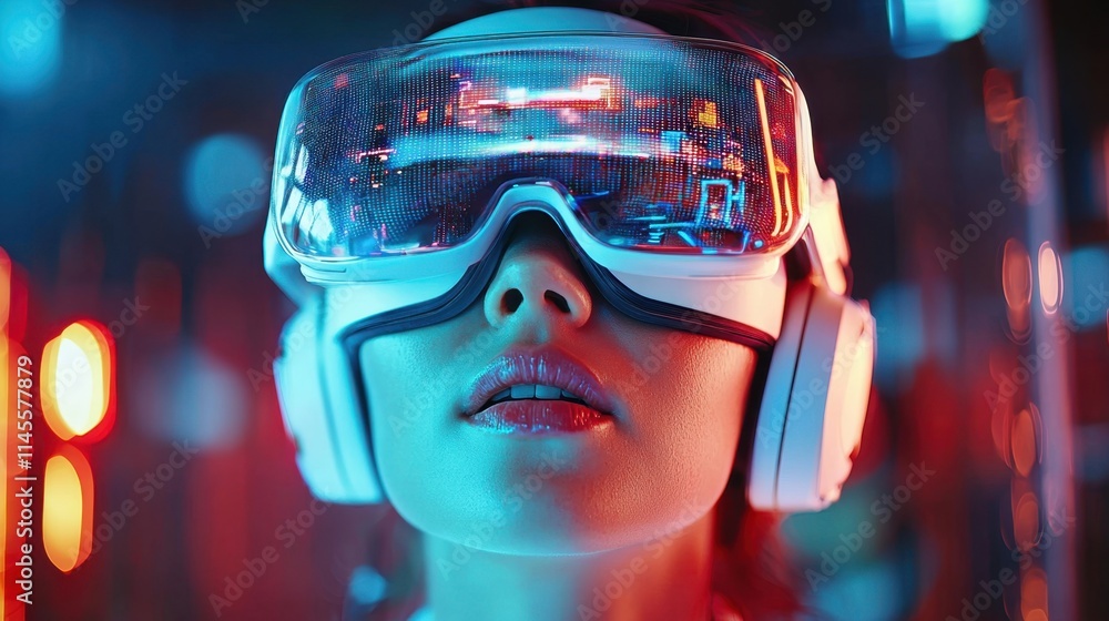 A woman experiences virtual reality, wearing advanced goggles and headphones, surrounded by vibrant neon lights. A woman experiences virtual reality, wearing advanced goggles and headphones, surrounded by vibrant neon lights.