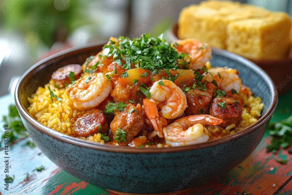 Shrimp Scampi, Large Juicy Shrimp with Herbs, Yellow Flatbread (Naan or Similar), Wooden Surface, Bright and High-Contrast Style for Food Photography Shrimp Scampi, Large Juicy Shrimp with Herbs, Yellow Flatbread (Naan or Similar), Wooden Surface, Bright and High-Contrast Style for Food Photography
