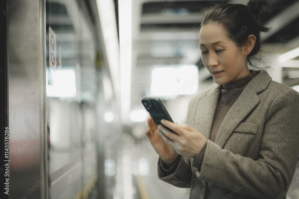 Modern Commuter Engaged with Smartphone in Urban Subway Environment Modern Commuter Engaged with Smartphone in Urban Subway Environment