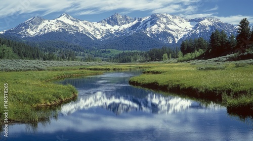 Serene Alpine Meadow with Winding River and Snow-Capped Mountains