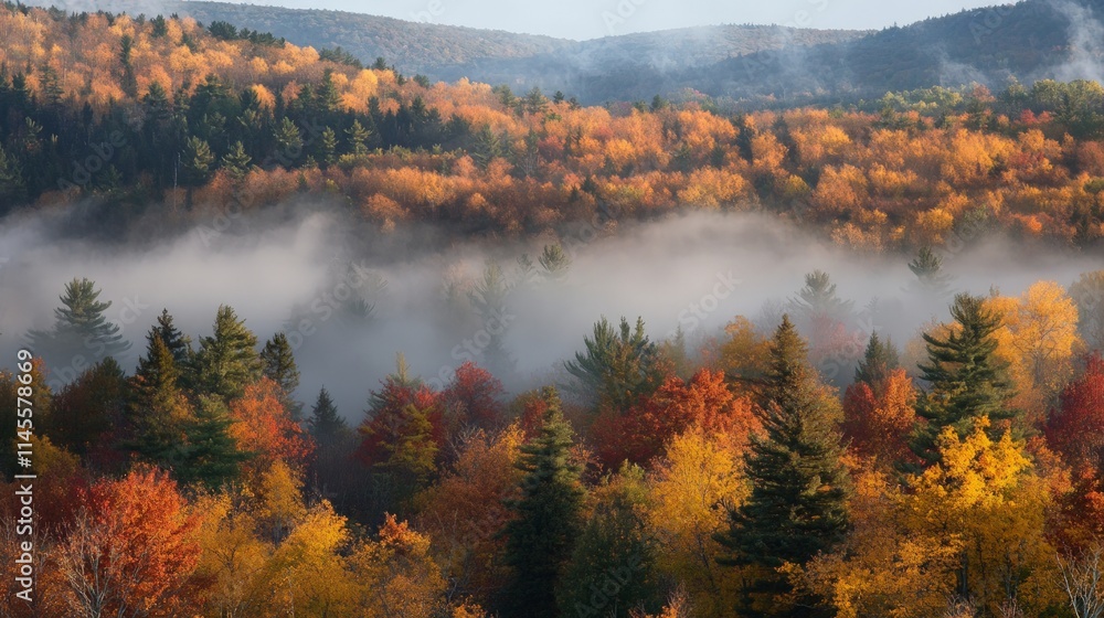 Peaceful Autumn Morning with Mist in a Vibrant Forest Landscape Peaceful Autumn Morning with Mist in a Vibrant Forest Landscape