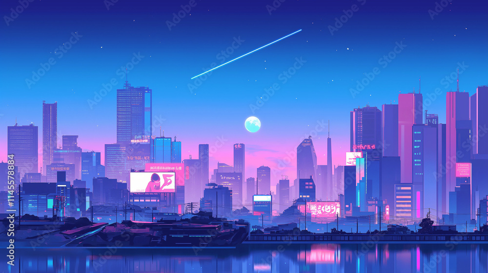 Naklejka premium 70年代、80年代のシティポップを意識した都市の夜景のアニメ風イラスト,レトロポップ,日本人,懐かしい,エモい,J-pop,エモーショナル,チル,背景素材