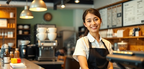 "Smiling Barista in a Cozy Coffee Shop Setting"