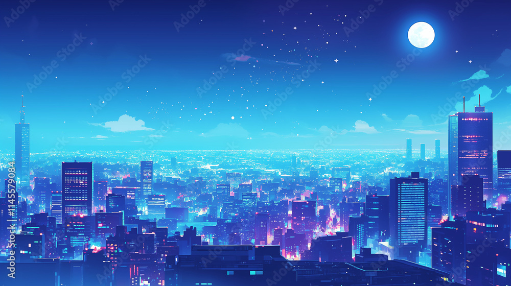 Obraz premium 70年代、80年代のシティポップを意識した都市の夜景のアニメ風イラスト,レトロポップ,日本人,懐かしい,エモい,J-pop,エモーショナル,チル,背景素材 