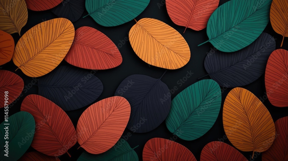 Micro foliage concept. Colorful leaves scattered on a dark surface, showcasing autumn hues and natural beauty. Micro foliage concept. Colorful leaves scattered on a dark surface, showcasing autumn hues and natural beauty.