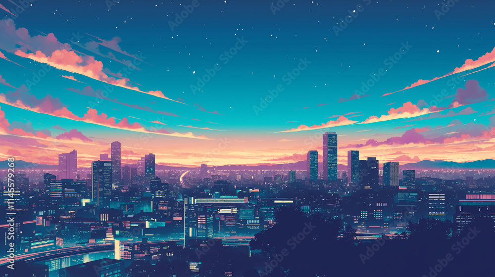Obraz premium 70年代、80年代のシティポップを意識した都市の夜景のアニメ風イラスト,レトロポップ,日本人,懐かしい,エモい,J-pop,エモーショナル,チル,背景素材 