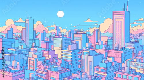 70年代、80年代のシティポップを意識した都市の夜景のアニメ風イラスト,レトロポップ,日本人,懐かしい,エモい,J-pop,エモーショナル,チル,背景素材	