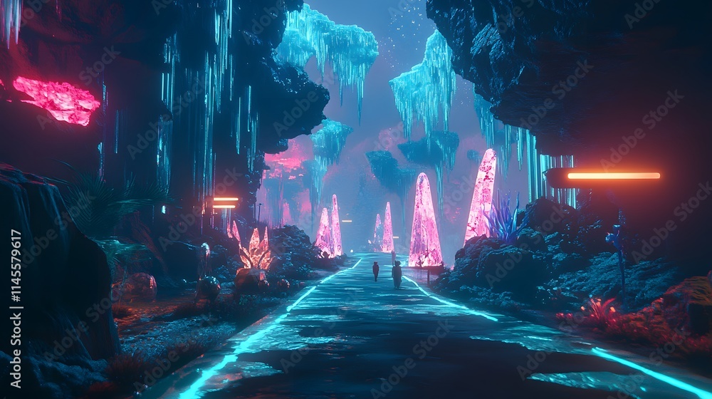 Exploring a neon-illuminated cave fantasy realm digital art surreal environment artistic perspective Exploring a neon-illuminated cave fantasy realm digital art surreal environment artistic perspective