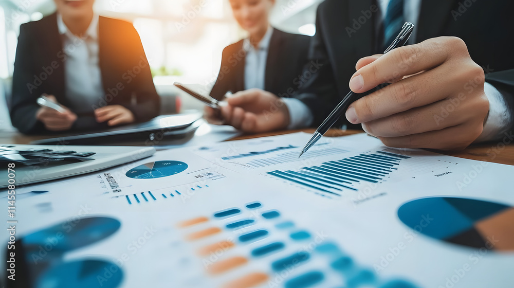 custom made wallpaper toronto digitalClose-up of businesspeople reviewing financial reports and charts during a meeting. Focus on graphs and data analysis, highlighting teamwork and strategic planning.