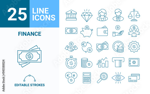 Vector finance editable stroke line icon set with money, bank, check, law, auction, exchance, payment, wallet, deposit, piggy, calculator, web and more isolated outline thin symbol