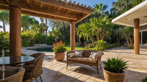patio palm tree, Patio with palm trees overlooking a tranquil garden space

