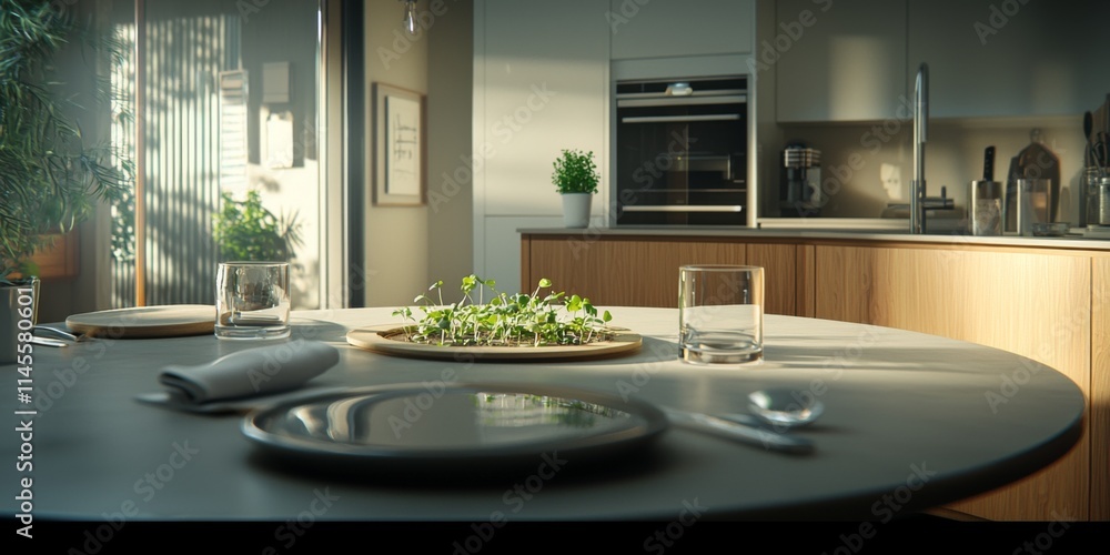 Fototapeta premium Sunlit Kitchen Table with Microgreens Modern Home Interior Plants