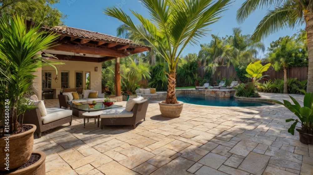 Fototapeta premium patio palm tree, Patio with tropical plants and palm trees under clear skies