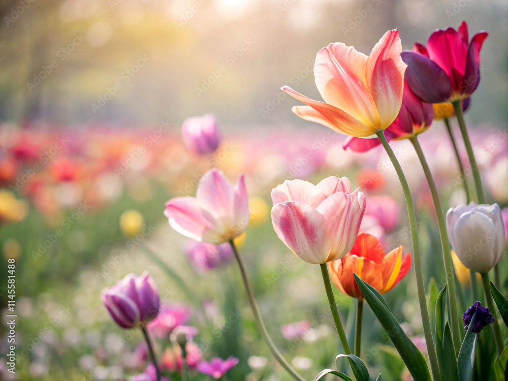 Fototapeta premium tulips in the garden. tulip, flower, spring, nature, tulips, garden, pink, flowers, red, blossom, bloom, field, flora, beauty, plant, floral, colorful, beautiful, yellow, summer, petal, color, park, s