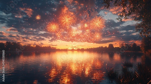 Spectacular New Year s Eve fireworks display reflected on the serene surface of a tranquil river creating a mesmerizing and captivating scene with glowing lights and a peaceful atmosphere photo