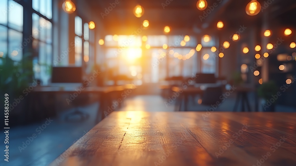 A modern workspace illuminated by warm sunlight and decorative lights, inviting productivity. A modern workspace illuminated by warm sunlight and decorative lights, inviting productivity.