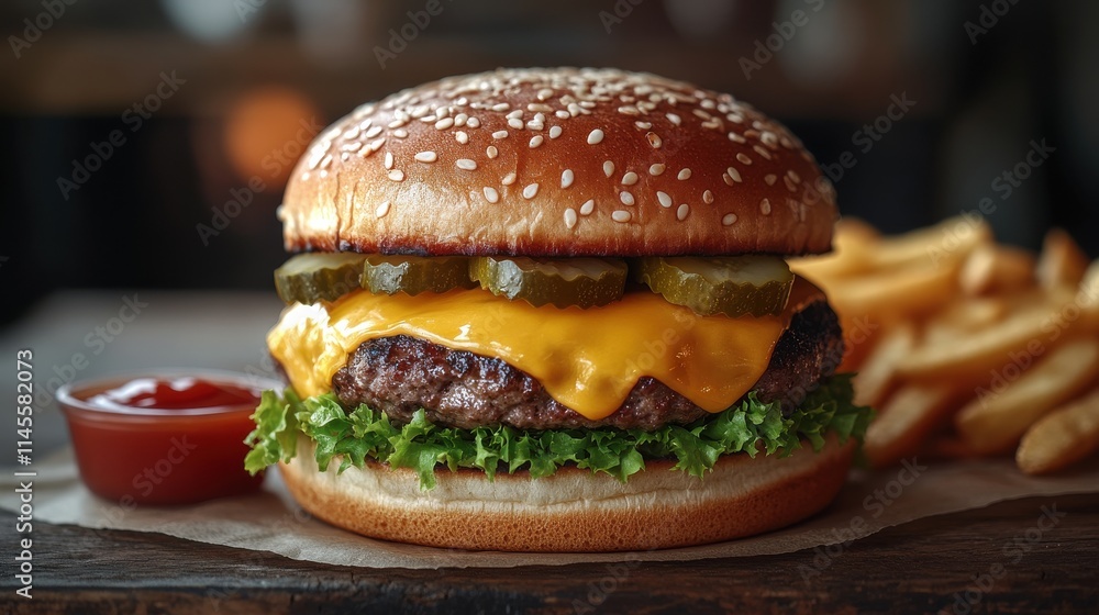 Generous-sized Burger, Melty Cheese, Sesame Seed Bun, Lettuce, Pickles, Tomato Wedge, French Fries, Ketchup on a Checkered Tablecloth for Casual Dining Generous-sized Burger, Melty Cheese, Sesame Seed Bun, Lettuce, Pickles, Tomato Wedge, French Fries, Ketchup on a Checkered Tablecloth for Casual Dining