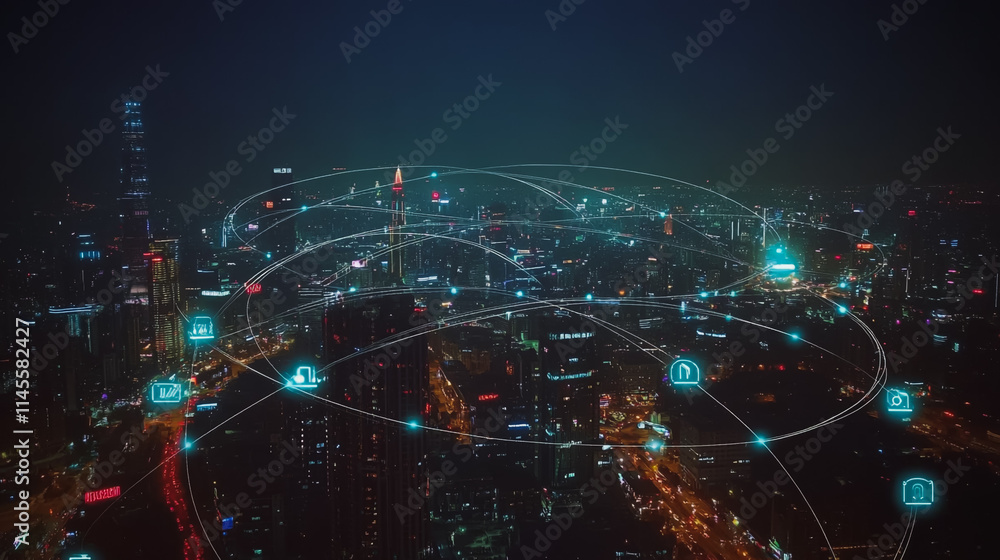 Smart digital city with connection cyber security network reciprocity over the cityscape . future smart wireless digital city and social media networking systems that connects people within the city Smart digital city with connection cyber security network reciprocity over the cityscape . future smart wireless digital city and social media networking systems that connects people within the city