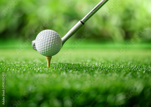 Close-Up of Golf Club and Ball on Tee in Green Field