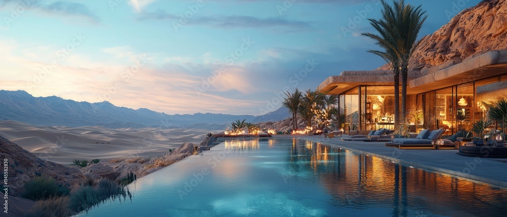 Obraz premium A group of friends at a luxury resort in the desert, preparing to ring in the New Year. The desert landscape, Generative AI