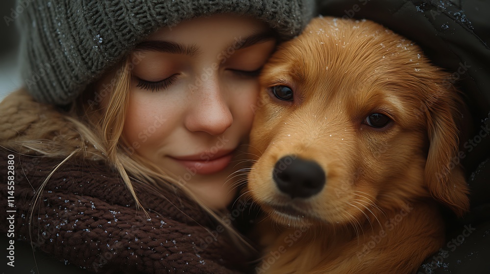 Woman and Golden Retriever Puppy Share a Tender Moment in Winter Woman and Golden Retriever Puppy Share a Tender Moment in Winter
