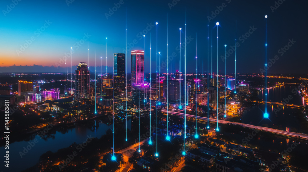 Obraz premium Smart digital city with connection cyber security network reciprocity over the cityscape . future smart wireless digital city and social media networking systems that connects people within the city