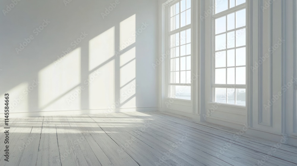 Fototapeta premium Sunlit Empty Room: Minimalist Interior Design with Large Windows and White Walls