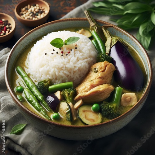 Thai Green Curry with Rice Depict a bowl of green curry with chi photo