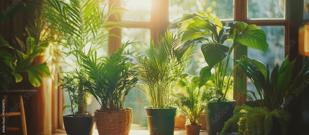 Fototapeta premium Green houseplants in pots on a windowsill basking in the morning sunlight.