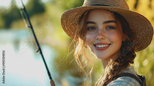 Woman in a Straw Hat Casting Line into Tranquil Waters of a Serene Lake Surrounded by Lush Greenery on a Bright Sunny Day Evoking a Sense of Peace and Connection with Nature photo