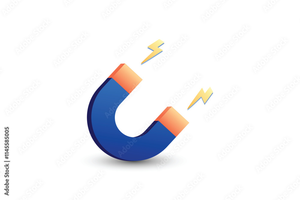 Blue magnet and lightning for attraction on a white background. magnet concept for business investment, income and financial savings, money making. Blue magnet and lightning for attraction on a white background. magnet concept for business investment, income and financial savings, money making.