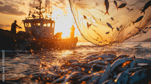 Tranquil Scene of a Fishing Boat Gently Floating on Calm Waters with a Large Net Cast Overboard Under a Clear Sky Evoking a Sense of Peace and Connection with Nature
